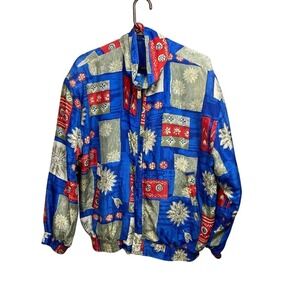 Vintage FUDA International Women's 100% Silk Track Jacket LARGE Blue Red 80's‎